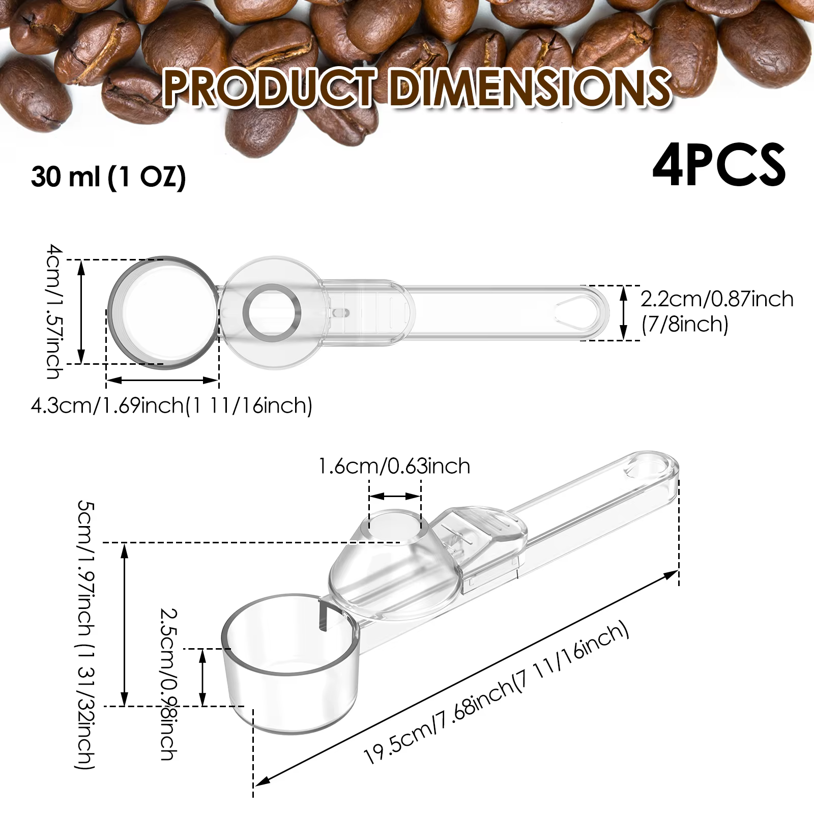 Lot de 4 cuillères à café avec entonnoir pour dosettes de café rechargeables K-Cup, cuillère doseuse de 30 ml avec niveleur coulissant pour café, poudre de protéines