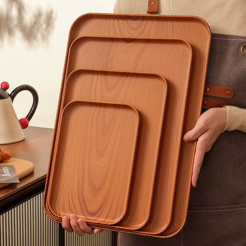 Plateau de service rectangulaire en plastique grain de bois