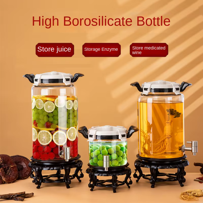 Bouteille épaisse de baril de vin de trempage en verre à haute teneur en Borosilicate avec bec de stockage de jus