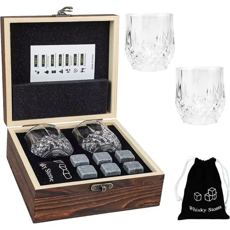 Cadeau de fête des pères pour hommes, ensemble de verres à pierres à whisky, bloc de glace en granit pour whisky dans une boîte de bouteille en bois, cadeau pour papa et mari