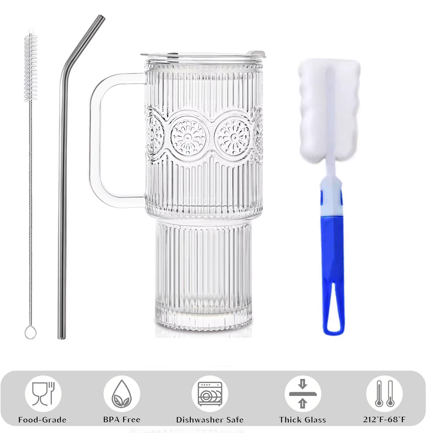 Gobelets en verre côtelés et à motifs floraux de 500 ml avec couvercles/pailles – Tasses réutilisables pour café