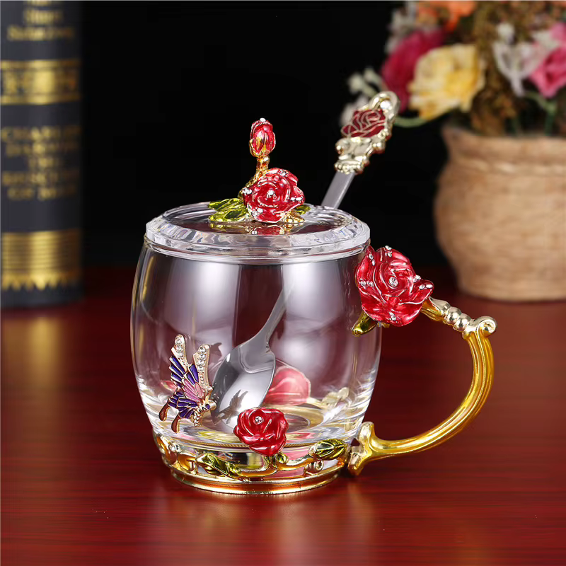 Tasse d'eau en verre émaillé en relief fleur de Rose