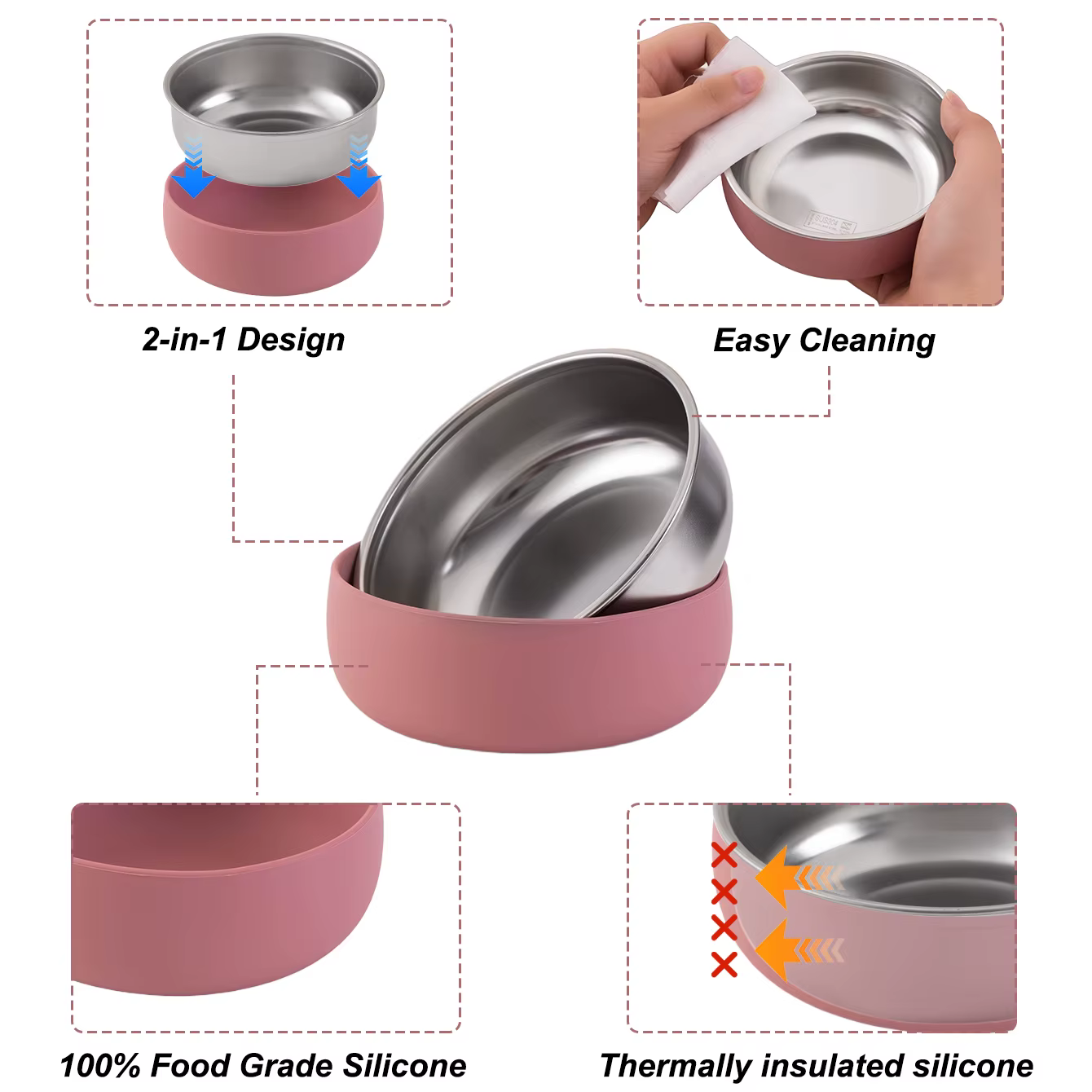 Couleur enfants 2 pièces bol en acier inoxydable ensemble de vaisselle pour l'alimentation du bébé détachable Silicone