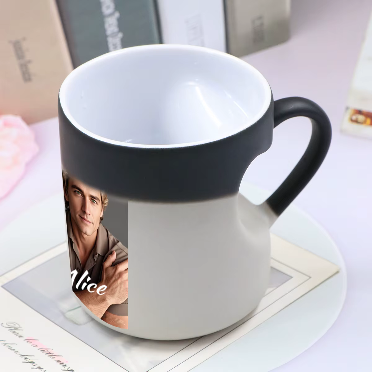 Mug à café personnalisé changeant de couleur avec photo et texte
