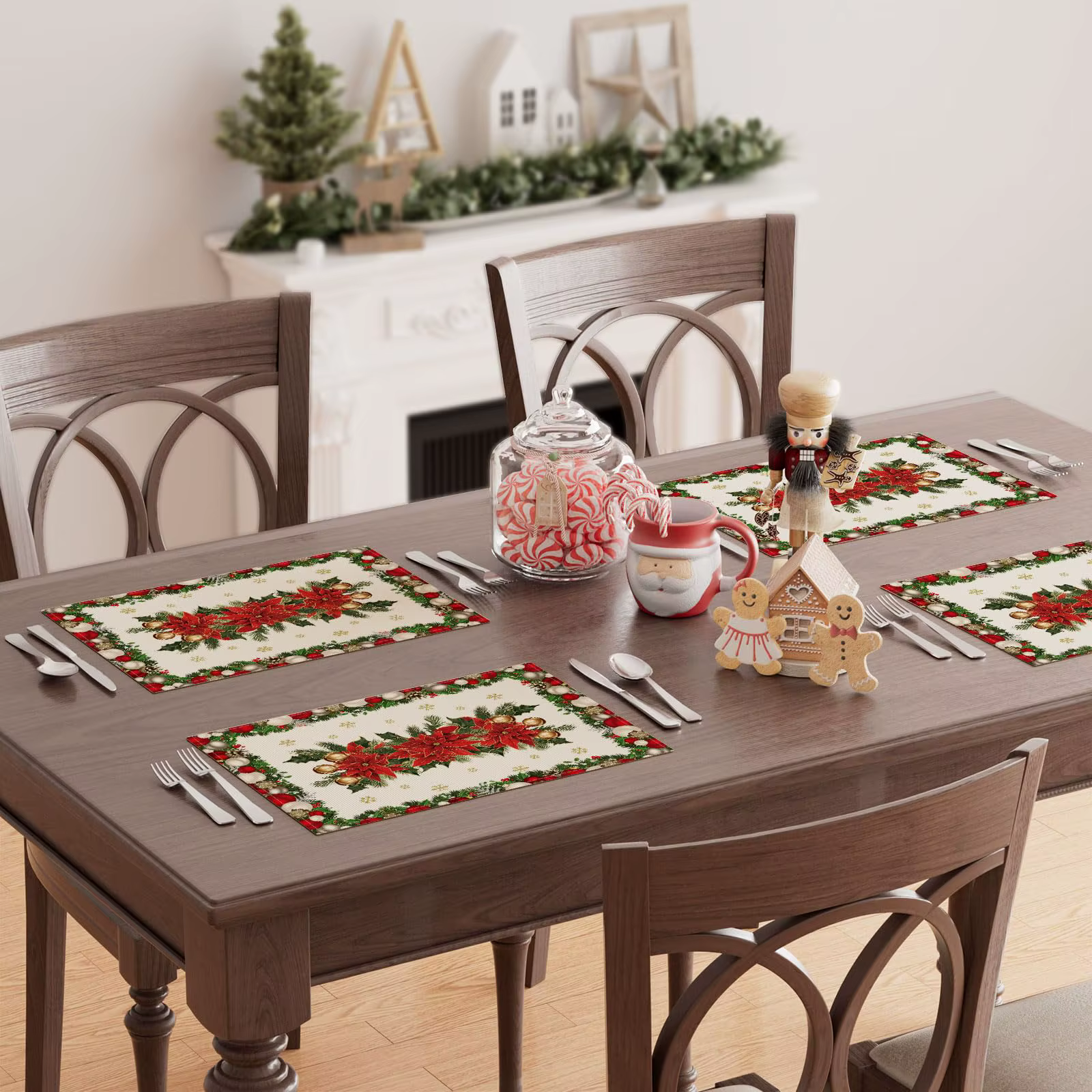 Noël Poinsettias feuilles cloches flocons de neige hiver napperons