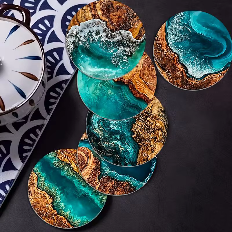 Ensemble de sous-verres à motif de vagues océaniques et de grain de bois