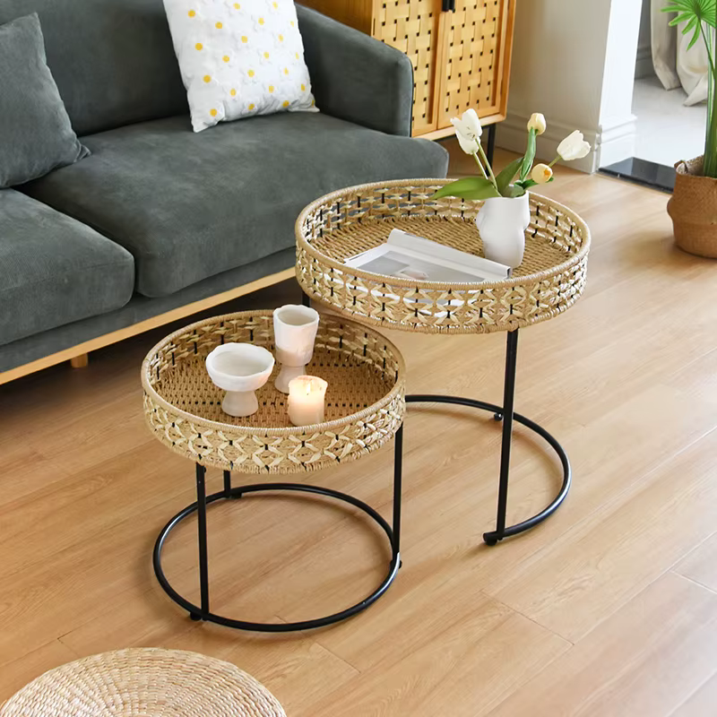 Table basse ronde en rotin de Style japonais, corde tissée, cadre en fer, Table d'appoint à thé pour salon, balcon, décor pour petit appartement