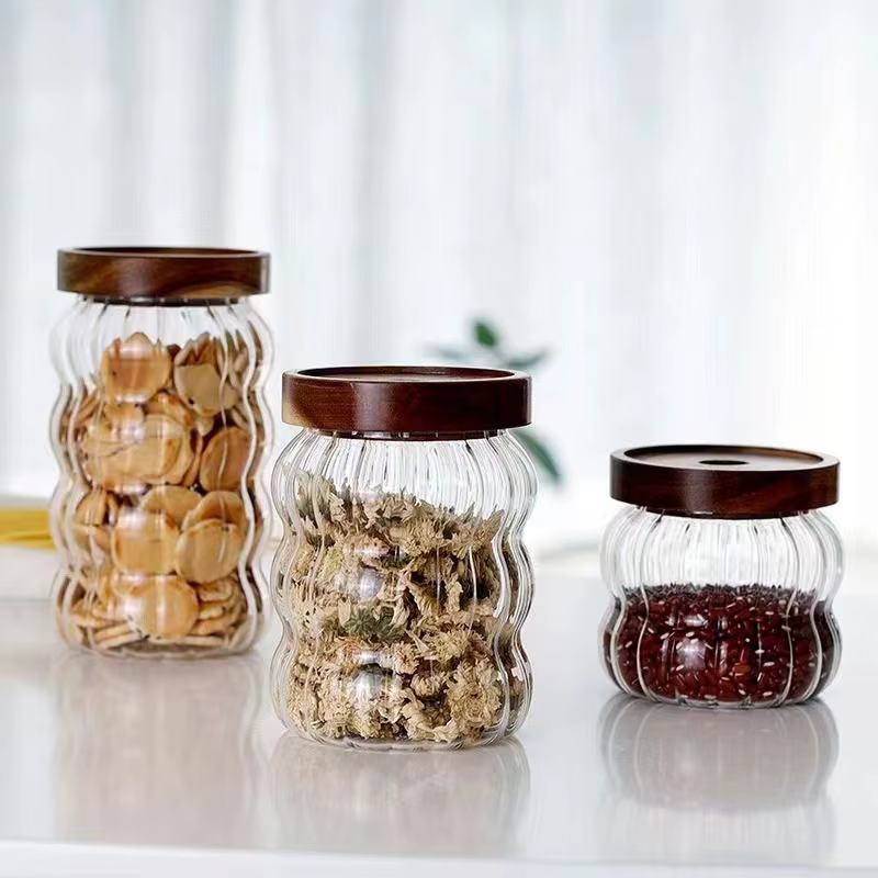 Bouteilles de rangement en verre rayé avec couvercle en bois