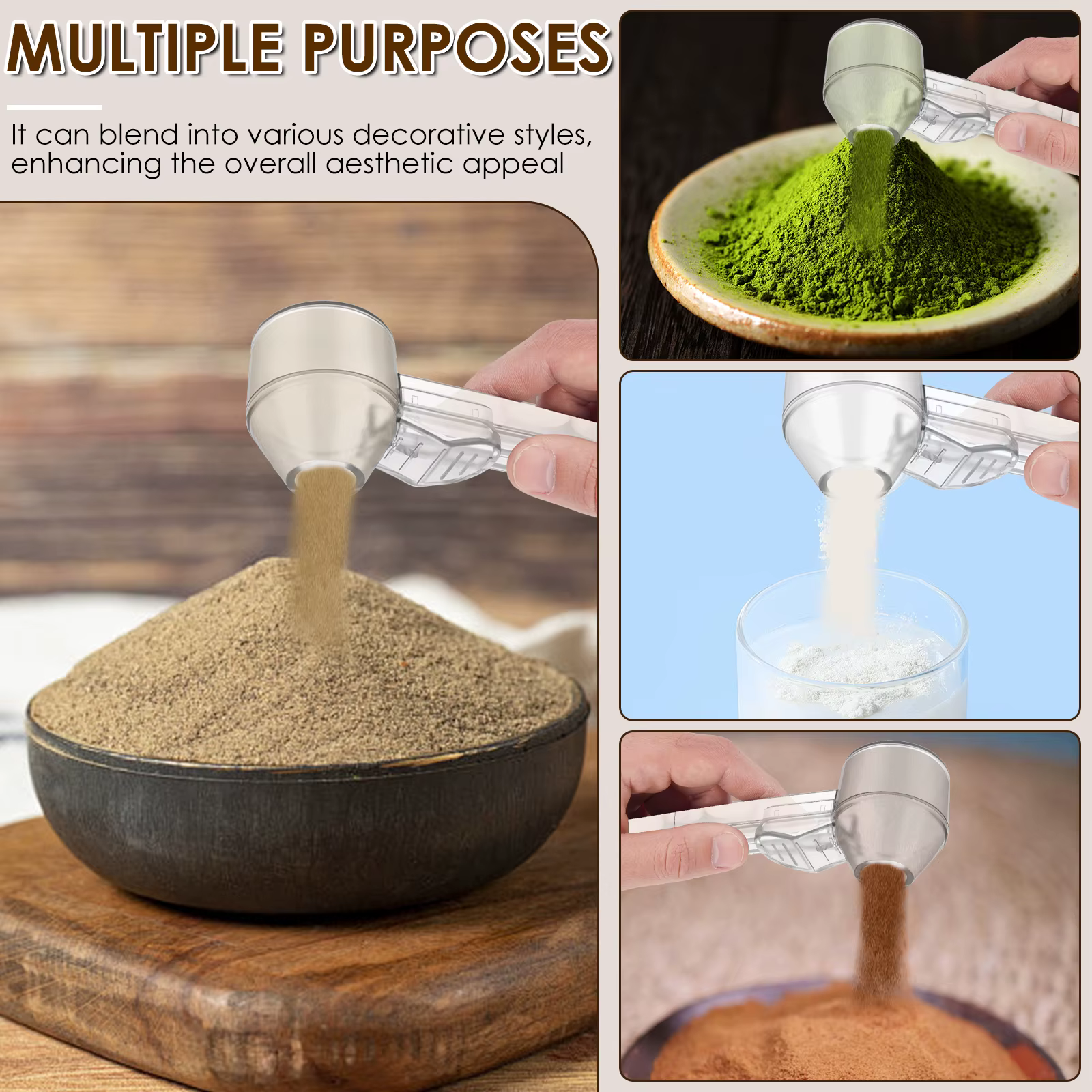 Lot de 4 cuillères à café avec entonnoir pour dosettes de café rechargeables K-Cup, cuillère doseuse de 30 ml avec niveleur coulissant pour café, poudre de protéines