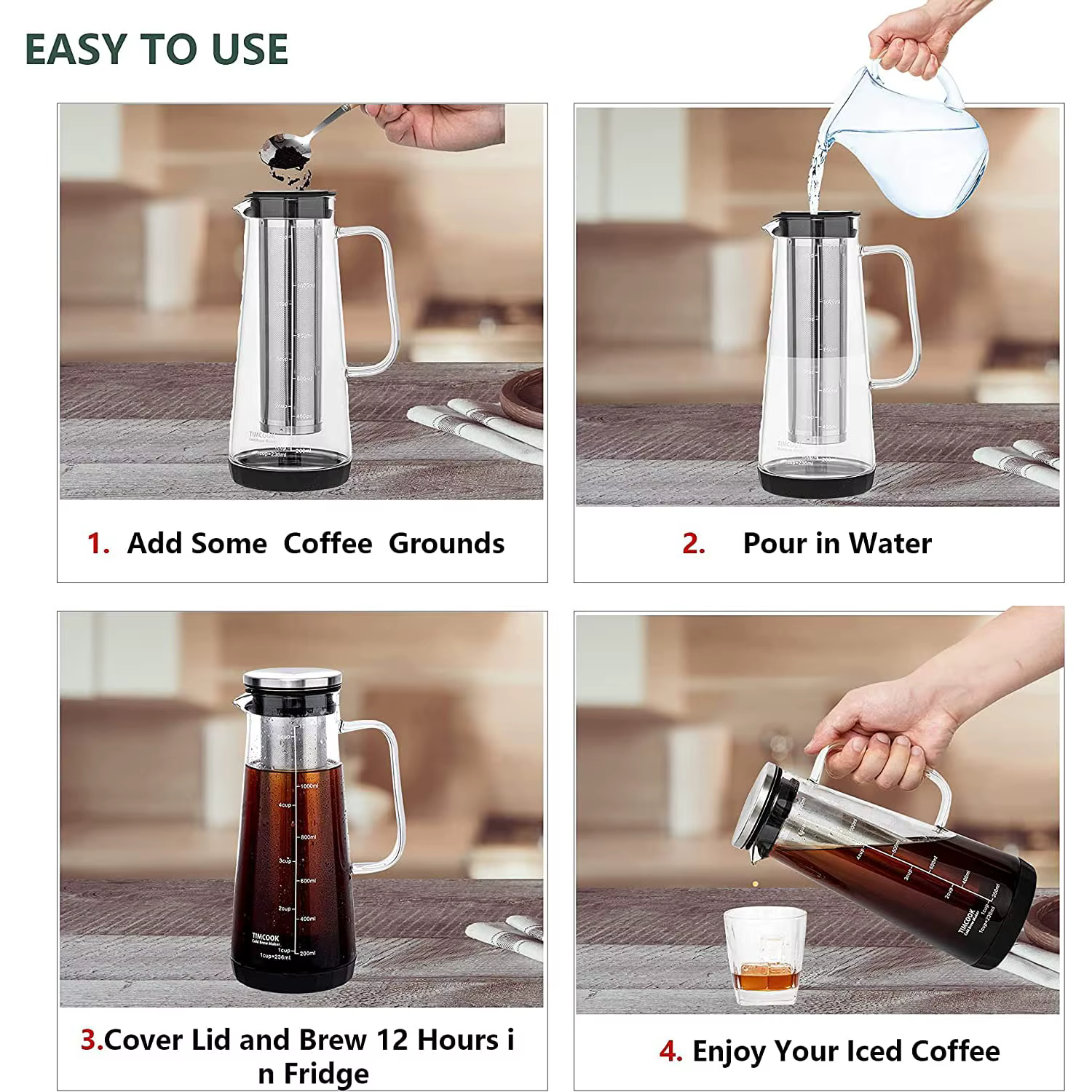 Leeseph Cafetière glacée hermétique à froid et infuseur à thé - Carafe en verre 1