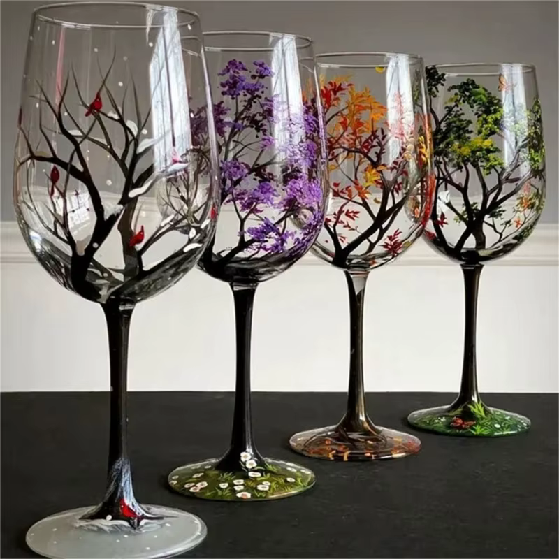 Verre à vin arbre quatre saisons, gobelets peints à la main, verre à pied haut unique, tasse, verrerie pour la famille, les amis, drop sunshine
