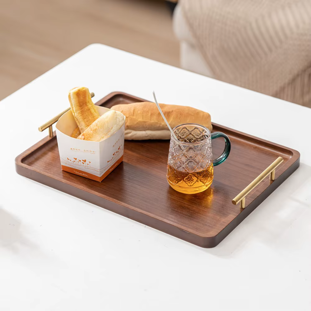 Plateau de service en bois pour aliments et boissons avec poignées métalliques pour table basse