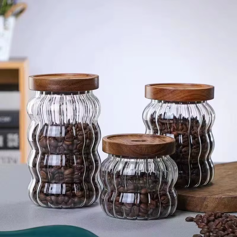 Bocal en verre à haute teneur en borosilicate avec couvercle en bois