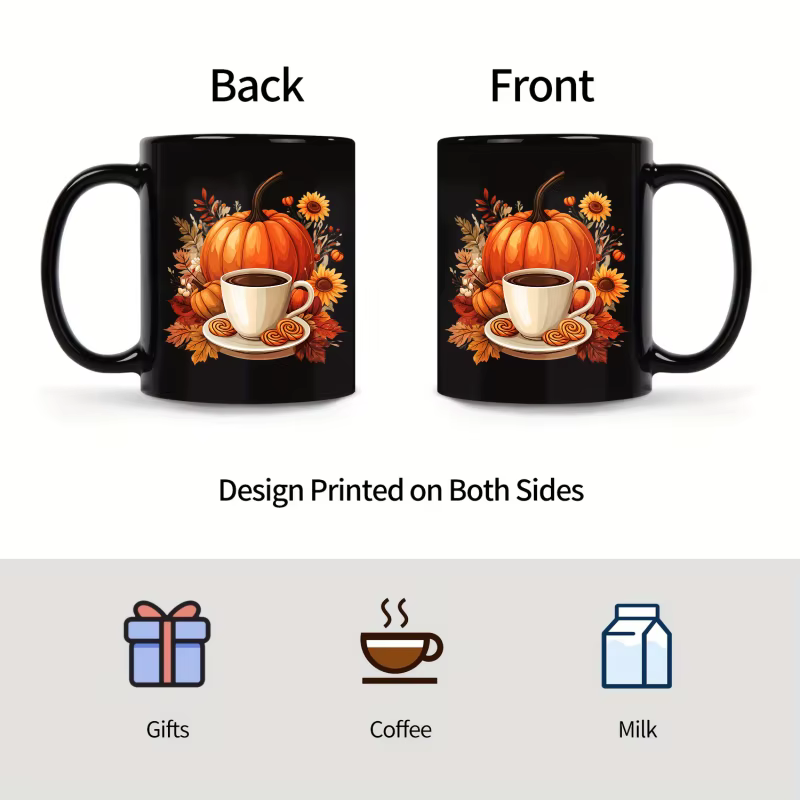 Tasse à café en céramique avec motif de citrouille noire et de fleurs d'automne